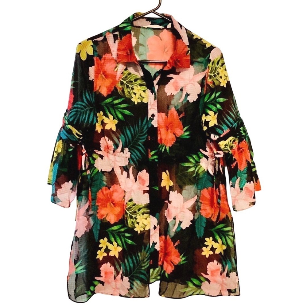 SOFT SURROUNDINGS Sheer Floral Button Up Peplum Kimono Cover-up Top SP